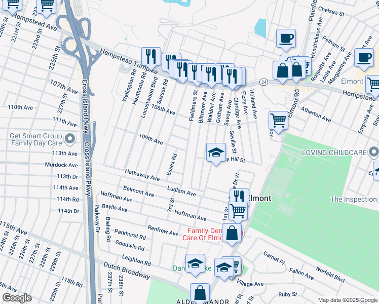 map of restaurants, bars, coffee shops, grocery stores, and more near 152 Fieldmere Street in Elmont