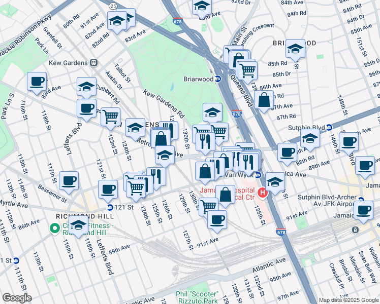 map of restaurants, bars, coffee shops, grocery stores, and more near 7259 Hillside Avenue in Queens