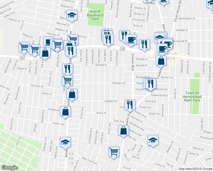 map of restaurants, bars, coffee shops, grocery stores, and more near 153 Lucille Avenue in Elmont