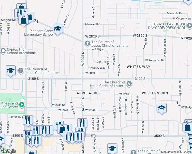 map of restaurants, bars, coffee shops, grocery stores, and more near 7902 3100 South in Magna