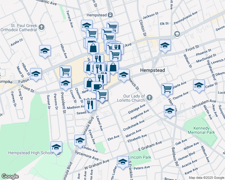 map of restaurants, bars, coffee shops, grocery stores, and more near 315-321 Peninsula Blvd in Hempstead