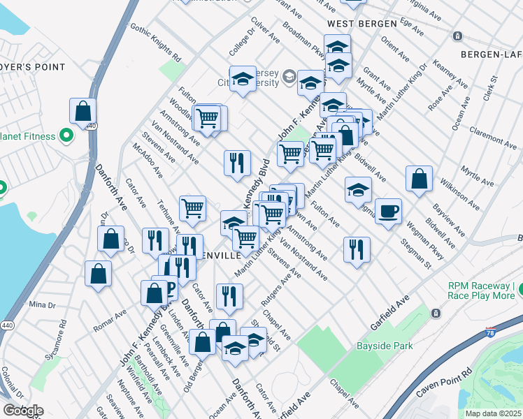 map of restaurants, bars, coffee shops, grocery stores, and more near 12 Bergen Avenue in Jersey City