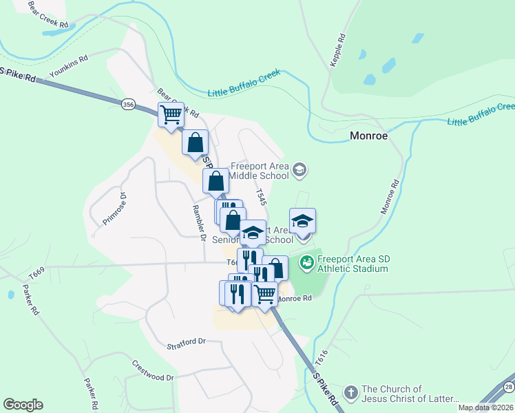 map of restaurants, bars, coffee shops, grocery stores, and more near 203 Silverview Dr in Sarver