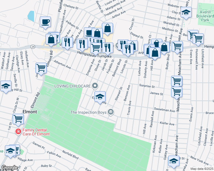 map of restaurants, bars, coffee shops, grocery stores, and more near 1587 Atherton Avenue in Elmont