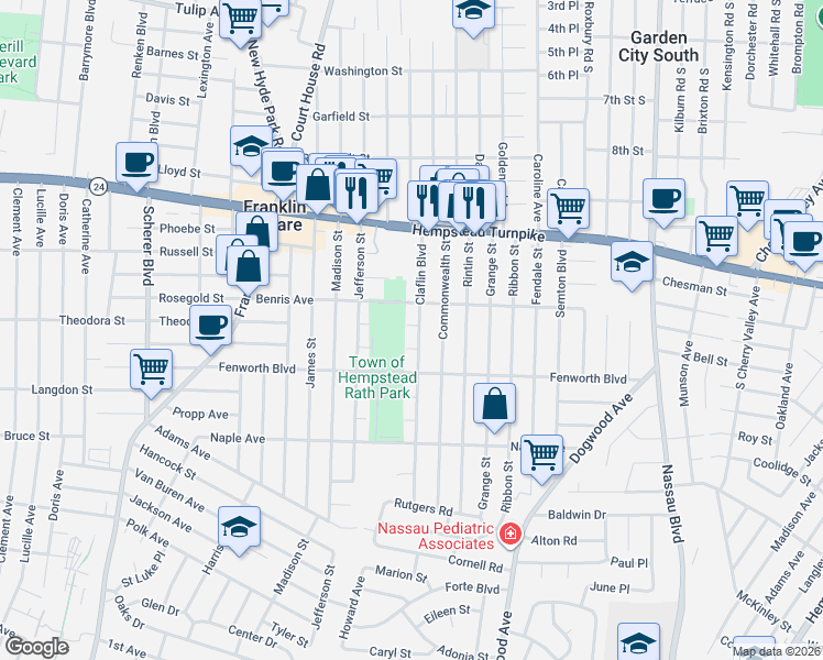 map of restaurants, bars, coffee shops, grocery stores, and more near 146 Claflin Boulevard in Franklin Square
