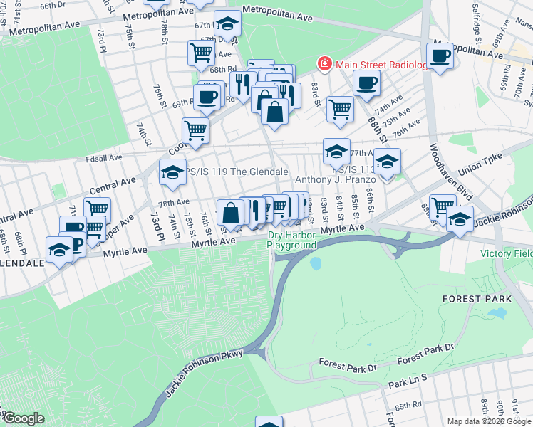 map of restaurants, bars, coffee shops, grocery stores, and more near 78-41 79th Lane in Queens