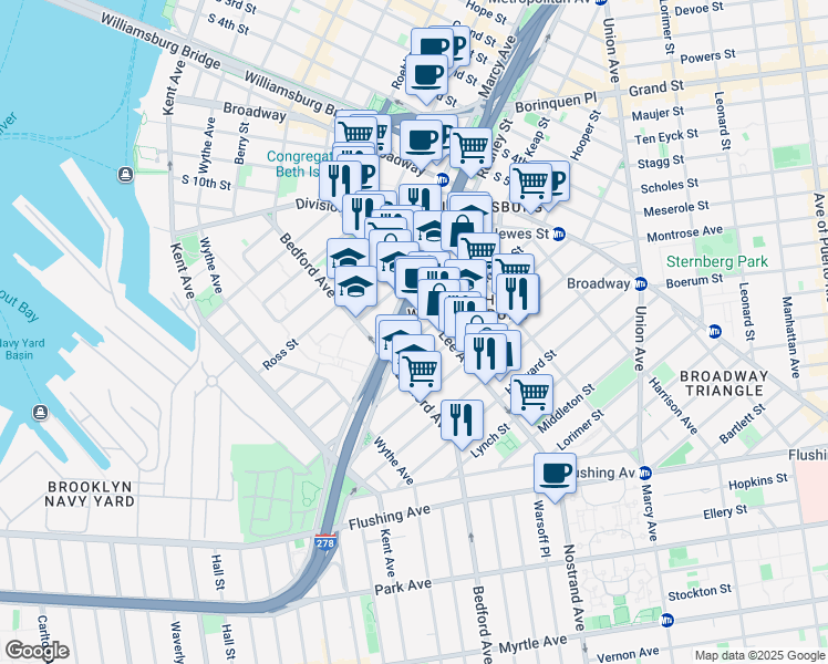 map of restaurants, bars, coffee shops, grocery stores, and more near 139 Hooper Street in Brooklyn