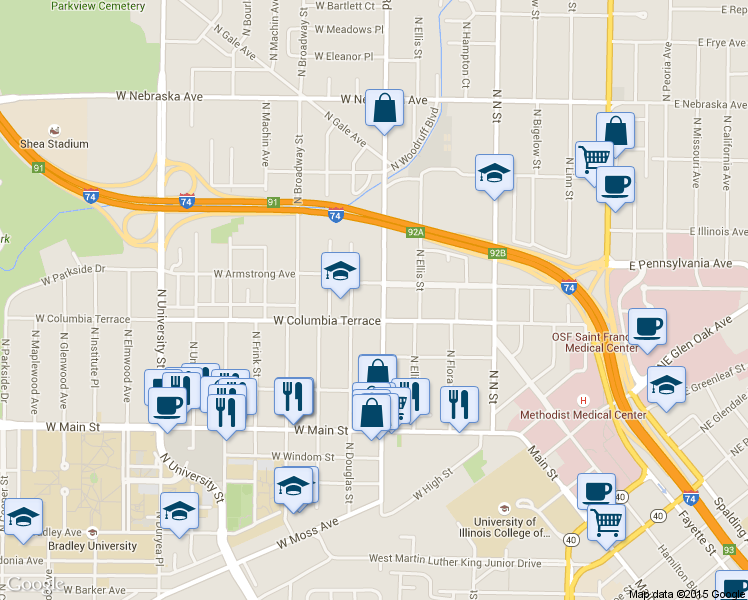 map of restaurants, bars, coffee shops, grocery stores, and more near 1313 N Sheridan Rd in Peoria