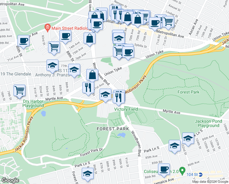 map of restaurants, bars, coffee shops, grocery stores, and more near 88-90 82nd Avenue in Queens