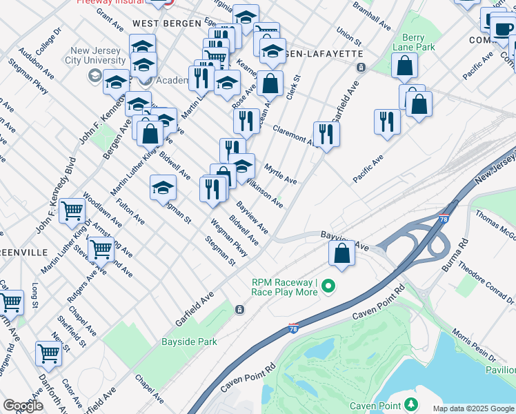 map of restaurants, bars, coffee shops, grocery stores, and more near 46 Arlington Avenue in Jersey City
