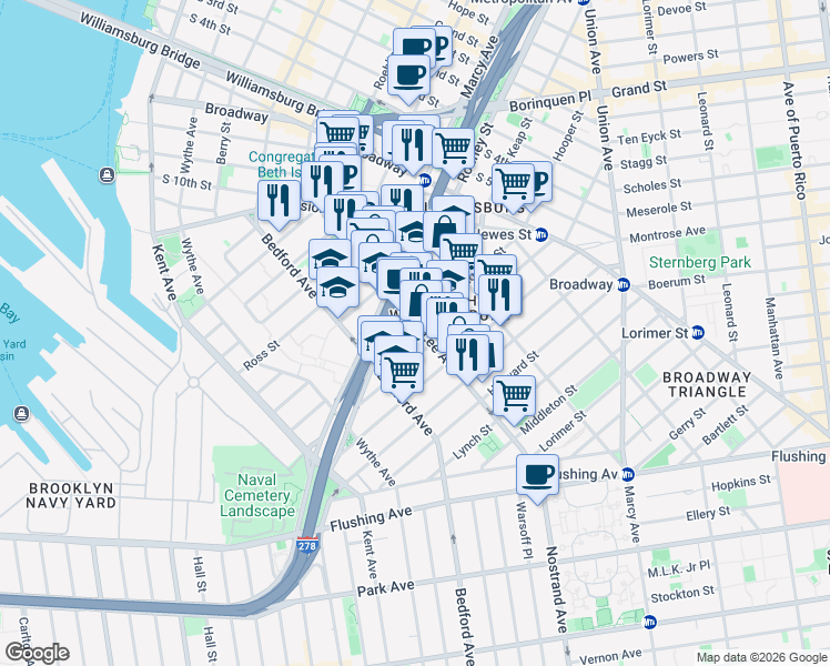 map of restaurants, bars, coffee shops, grocery stores, and more near 139 Hooper Street in Brooklyn