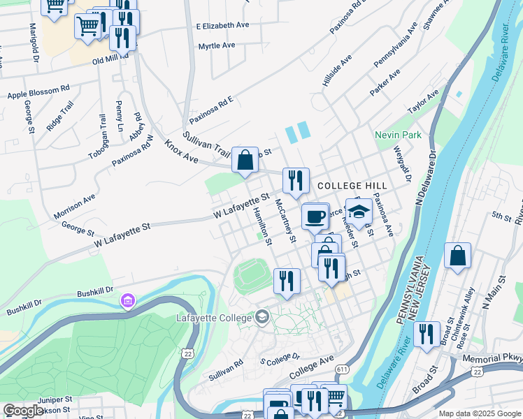 map of restaurants, bars, coffee shops, grocery stores, and more near 719 Hamilton Street in Easton