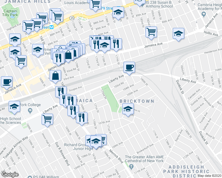 map of restaurants, bars, coffee shops, grocery stores, and more near 173rd St & 103rd Rd in Queens