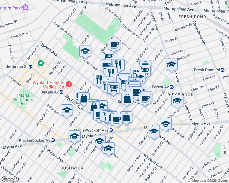 map of restaurants, bars, coffee shops, grocery stores, and more near 17-38 Menahan Street in Queens