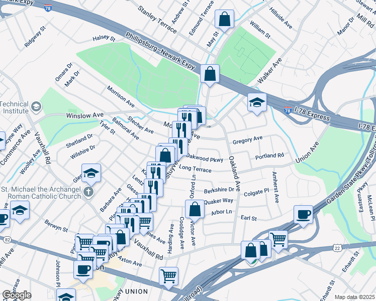 map of restaurants, bars, coffee shops, grocery stores, and more near 1415 Stuyvesant Avenue in Union