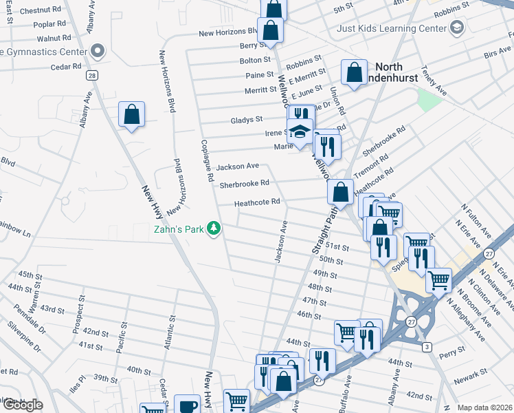 map of restaurants, bars, coffee shops, grocery stores, and more near 70 Heathcote Road in Lindenhurst