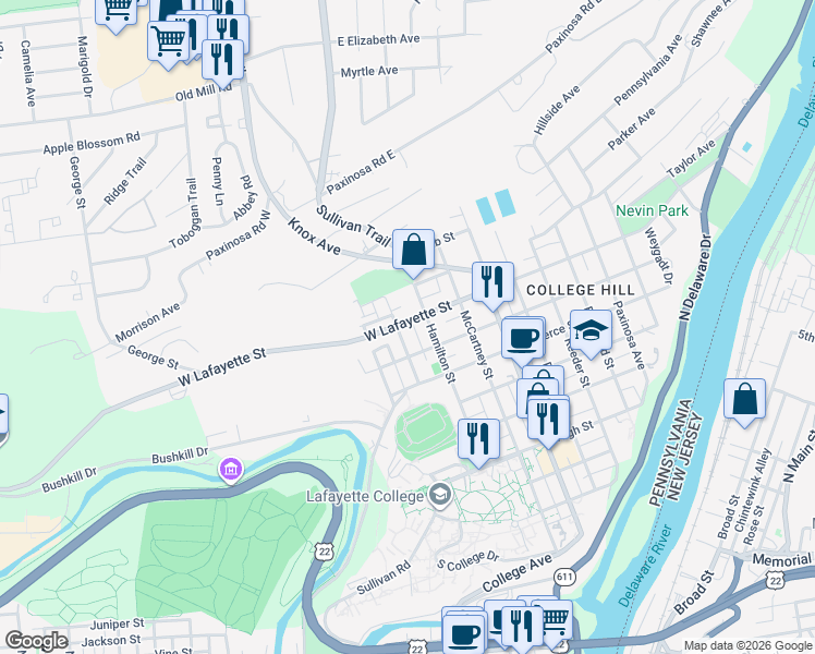 map of restaurants, bars, coffee shops, grocery stores, and more near 726 West Lafayette Street in Easton