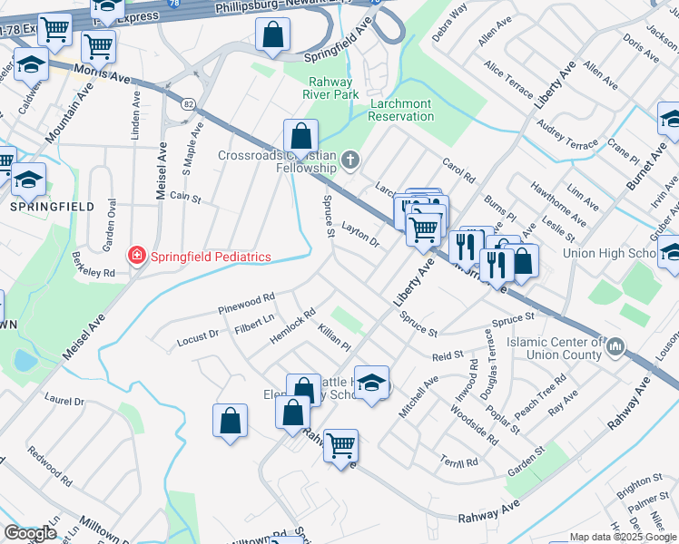 map of restaurants, bars, coffee shops, grocery stores, and more near 2764 Spruce Street in Union