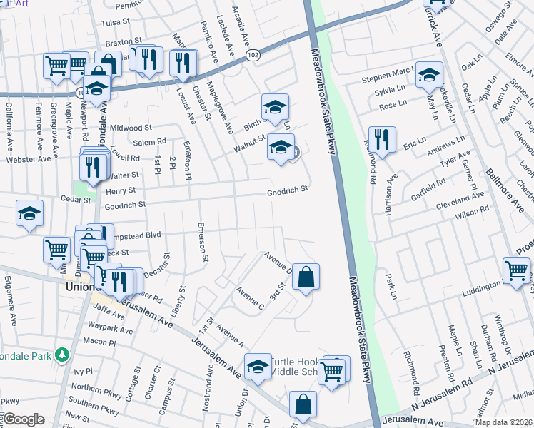 map of restaurants, bars, coffee shops, grocery stores, and more near 486 Sterling Street in Uniondale