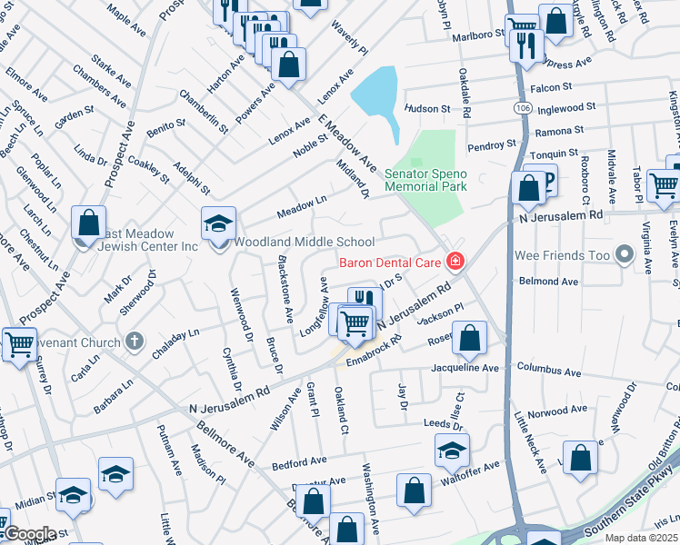 map of restaurants, bars, coffee shops, grocery stores, and more near 2048 Longfellow Avenue in East Meadow