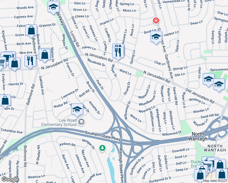 map of restaurants, bars, coffee shops, grocery stores, and more near 875 Woodside Drive in Wantagh