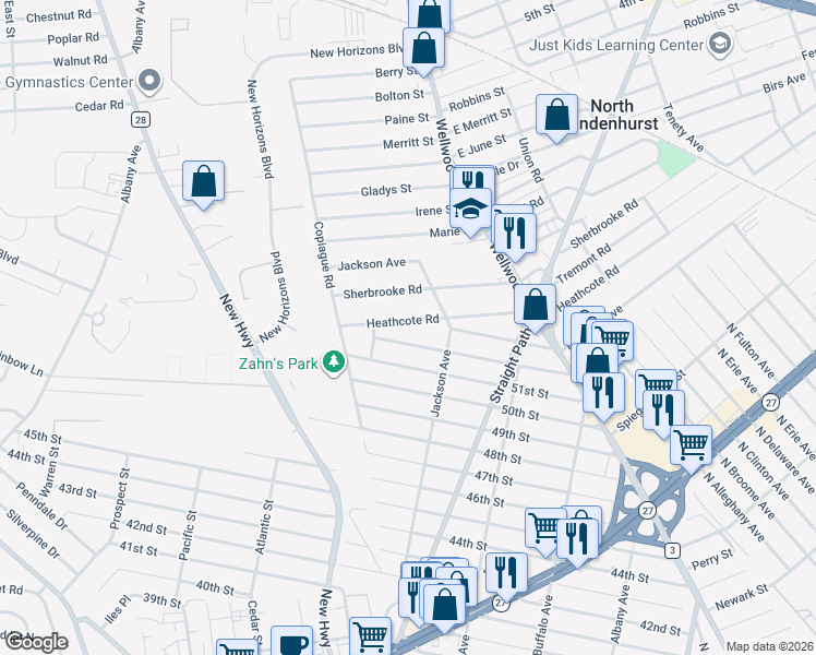 map of restaurants, bars, coffee shops, grocery stores, and more near 70 Heathcote Road in Lindenhurst
