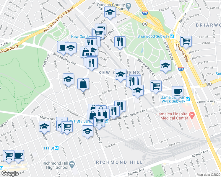map of restaurants, bars, coffee shops, grocery stores, and more near 123-03 85th Avenue in Queens