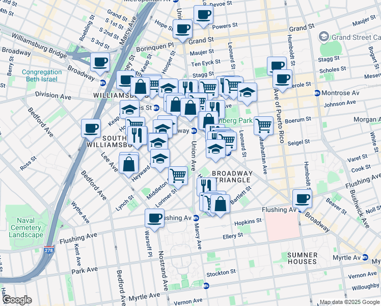 map of restaurants, bars, coffee shops, grocery stores, and more near in Brooklyn