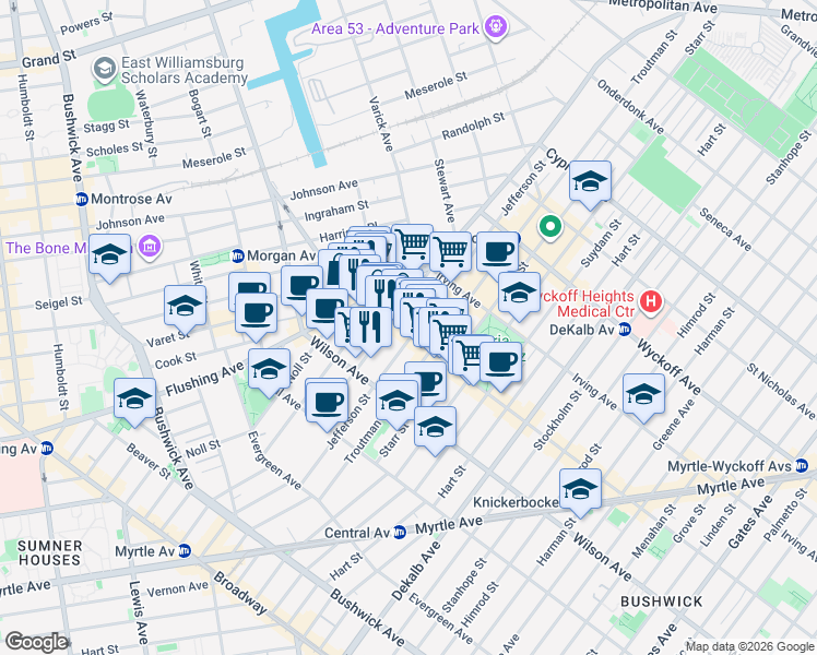 map of restaurants, bars, coffee shops, grocery stores, and more near 181 Knickerbocker Avenue in Brooklyn