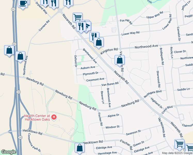 map of restaurants, bars, coffee shops, grocery stores, and more near 2705 Cresmont Avenue in Easton