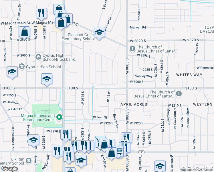 map of restaurants, bars, coffee shops, grocery stores, and more near 8111 Joe Drive in Magna