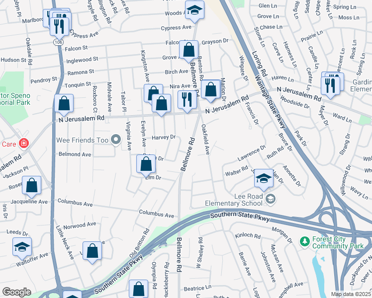 map of restaurants, bars, coffee shops, grocery stores, and more near 2761 Gateway in North Bellmore
