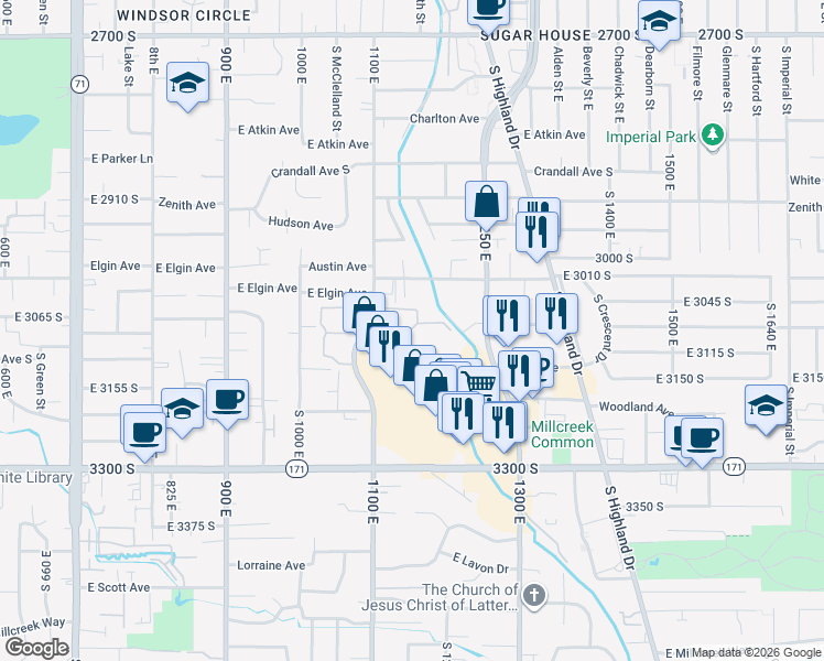 map of restaurants, bars, coffee shops, grocery stores, and more near 1227 Brickyard Road in Salt Lake City