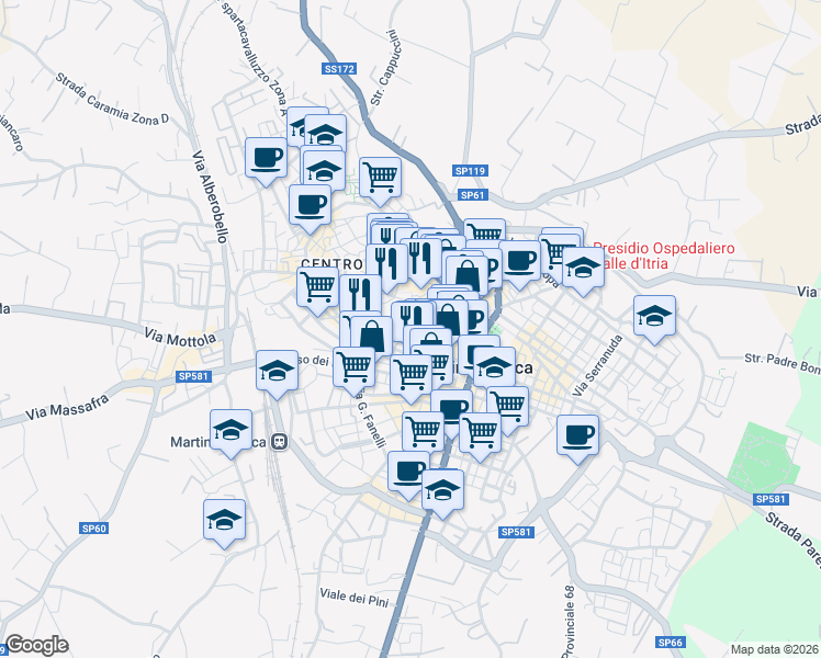 map of restaurants, bars, coffee shops, grocery stores, and more near 6 Via Benvenuto Cellini in Martina Franca
