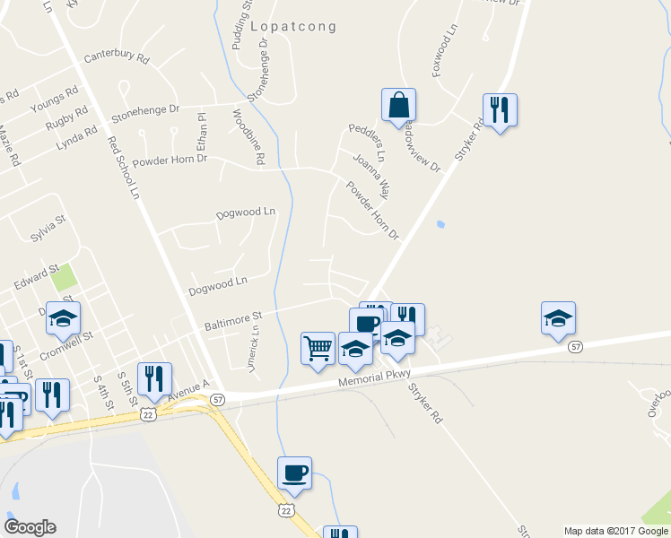 map of restaurants, bars, coffee shops, grocery stores, and more near 301 Rainbow Way in Phillipsburg