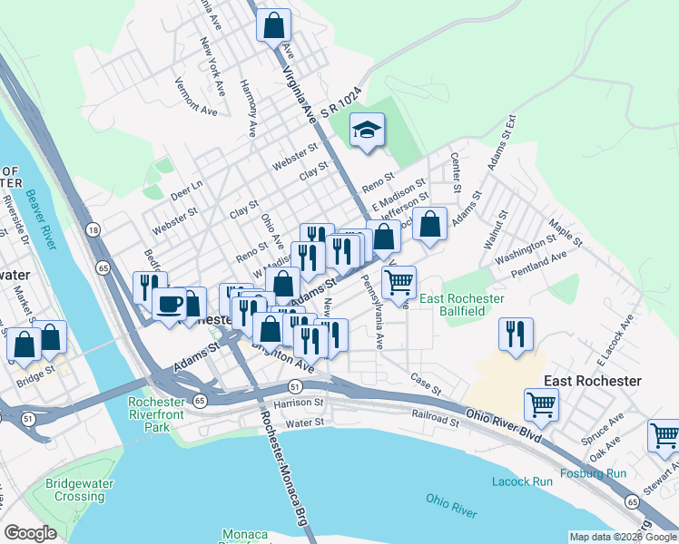 map of restaurants, bars, coffee shops, grocery stores, and more near 420 Adams Street in Rochester