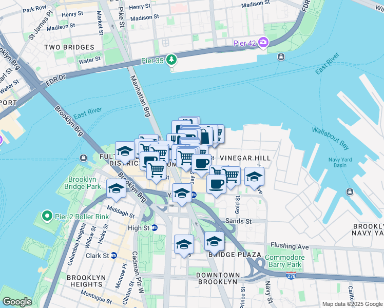 map of restaurants, bars, coffee shops, grocery stores, and more near 20 Jay Street in Brooklyn