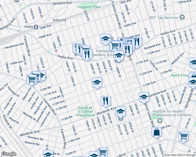 map of restaurants, bars, coffee shops, grocery stores, and more near 200-06 111th Avenue in Queens
