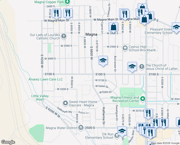 map of restaurants, bars, coffee shops, grocery stores, and more near 8812 West 3100 South in Magna
