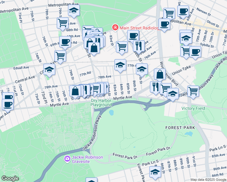 map of restaurants, bars, coffee shops, grocery stores, and more near 78-56 83rd Street in Queens