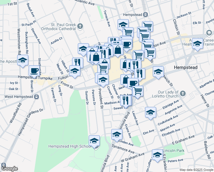 map of restaurants, bars, coffee shops, grocery stores, and more near 3 Covert Street in Hempstead