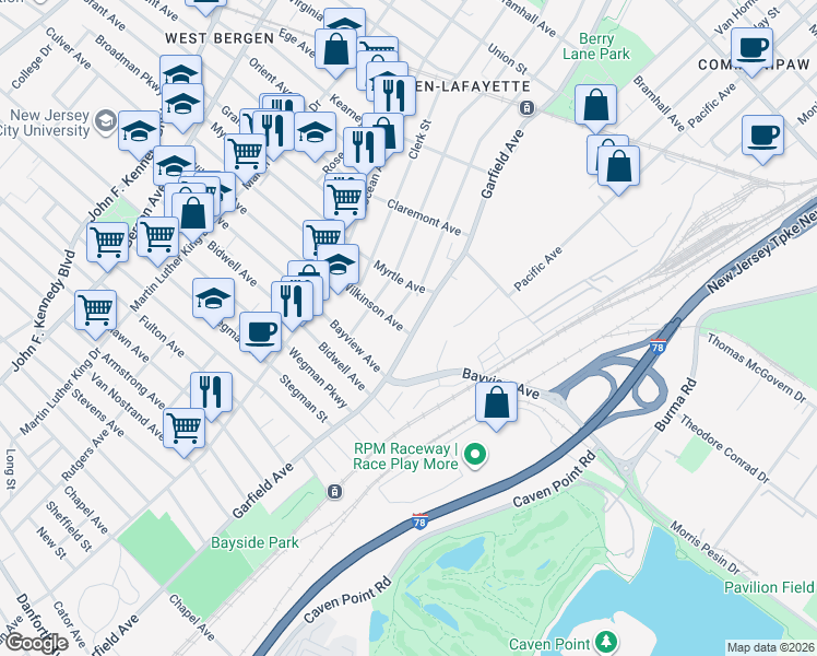 map of restaurants, bars, coffee shops, grocery stores, and more near 12 Wilkinson Avenue in Jersey City