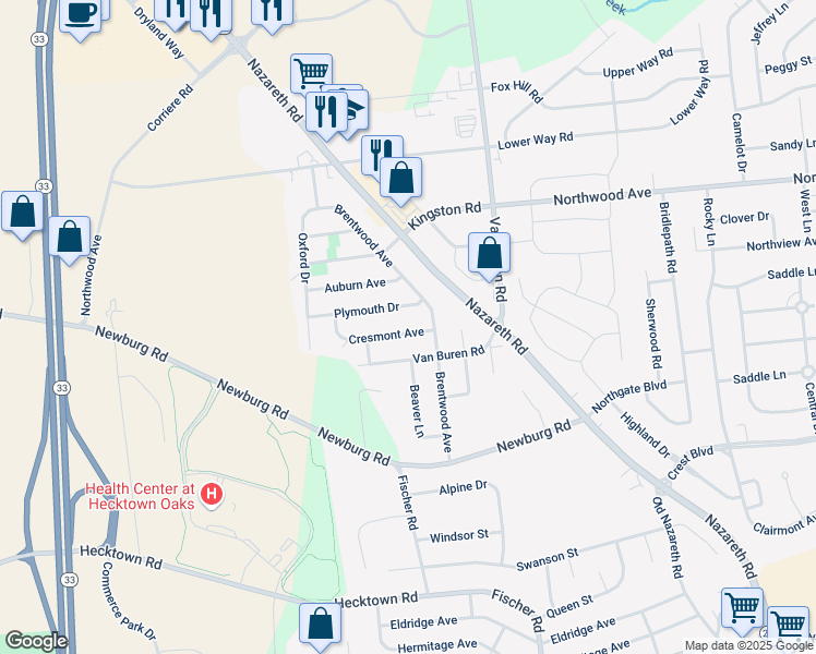 map of restaurants, bars, coffee shops, grocery stores, and more near 2705 Cresmont Avenue in Easton