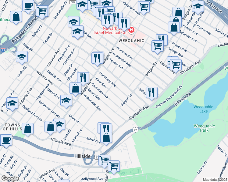 map of restaurants, bars, coffee shops, grocery stores, and more near 100-102 Keer Avenue in Newark