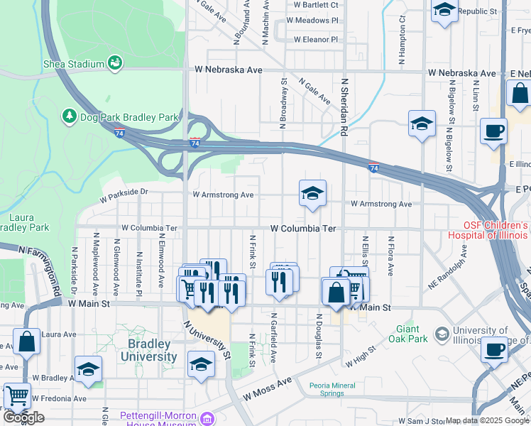 map of restaurants, bars, coffee shops, grocery stores, and more near 1318 North Machin Avenue in Peoria