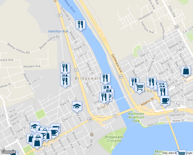 map of restaurants, bars, coffee shops, grocery stores, and more near 814 Market Street in Beaver