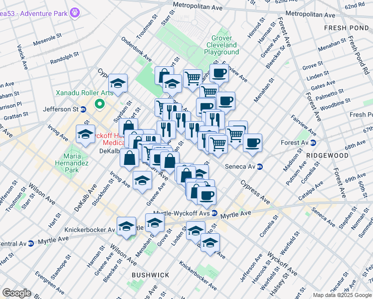 map of restaurants, bars, coffee shops, grocery stores, and more near 1519 Greene Avenue in Brooklyn