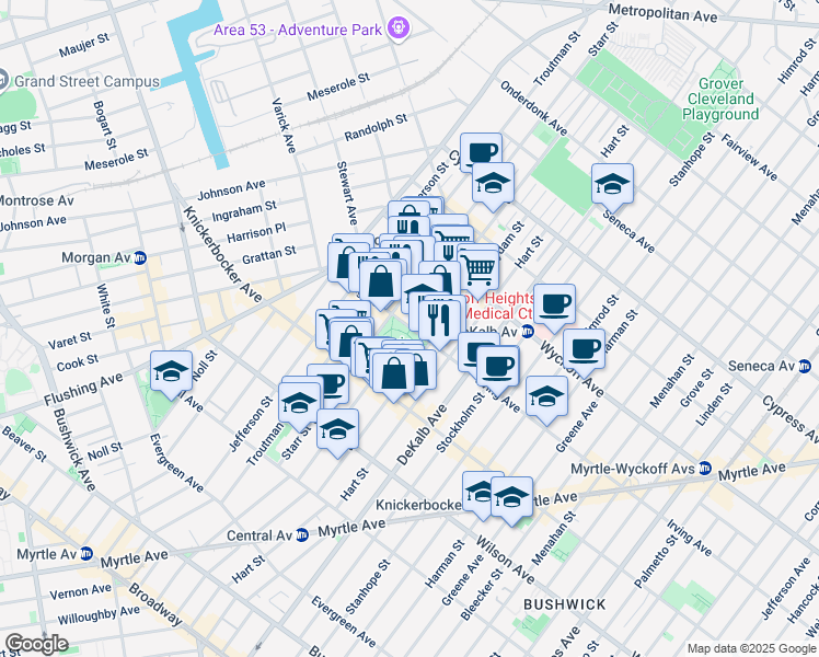 map of restaurants, bars, coffee shops, grocery stores, and more near 92 Irving Avenue in Brooklyn
