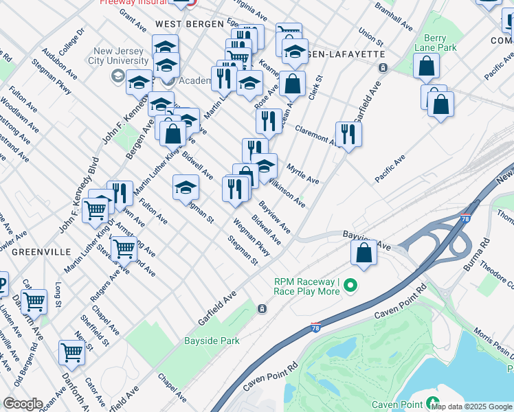 map of restaurants, bars, coffee shops, grocery stores, and more near 65 Bayview Avenue in Jersey City