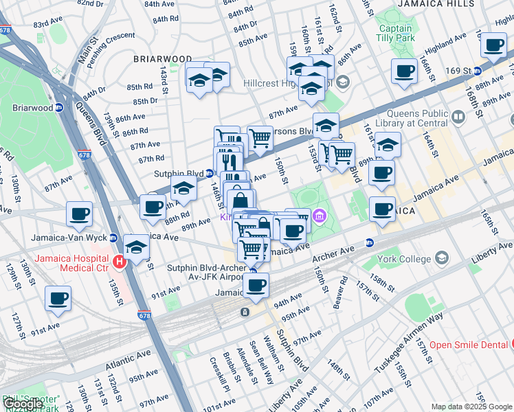 map of restaurants, bars, coffee shops, grocery stores, and more near 89-09 148th Street in Queens